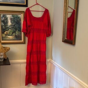 1970s Red Lace Crochet Gown Dress Wedding Boho Chic Medium